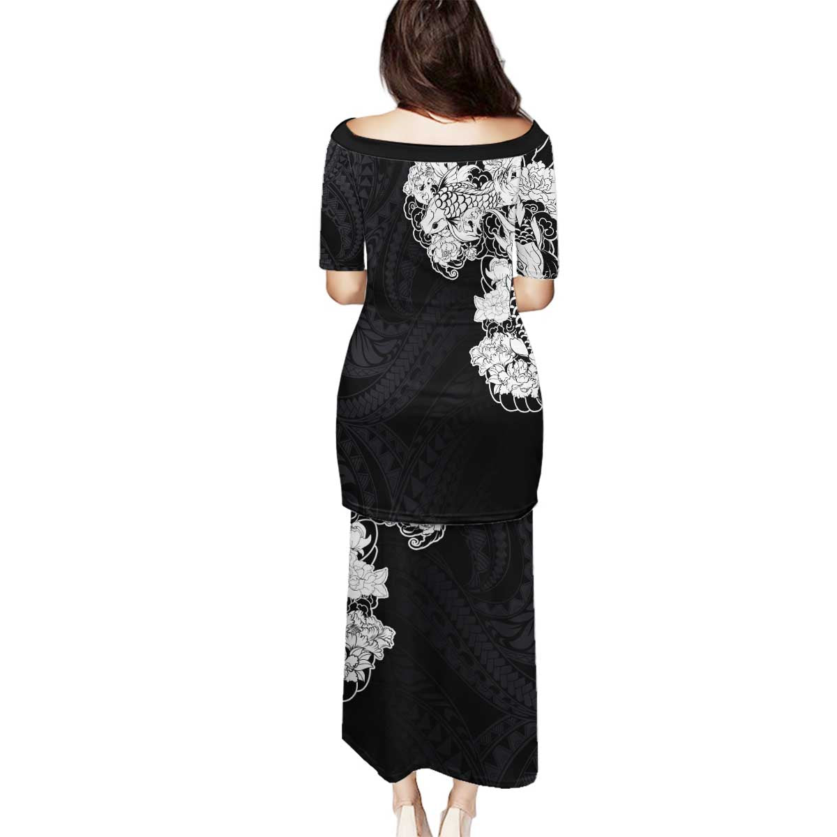 Hawaiian and Japanese Together Family Matching Puletasi and Hawaiian Shirt Japanese Koi Fish Tattoo and Kakau Pattern Black Color