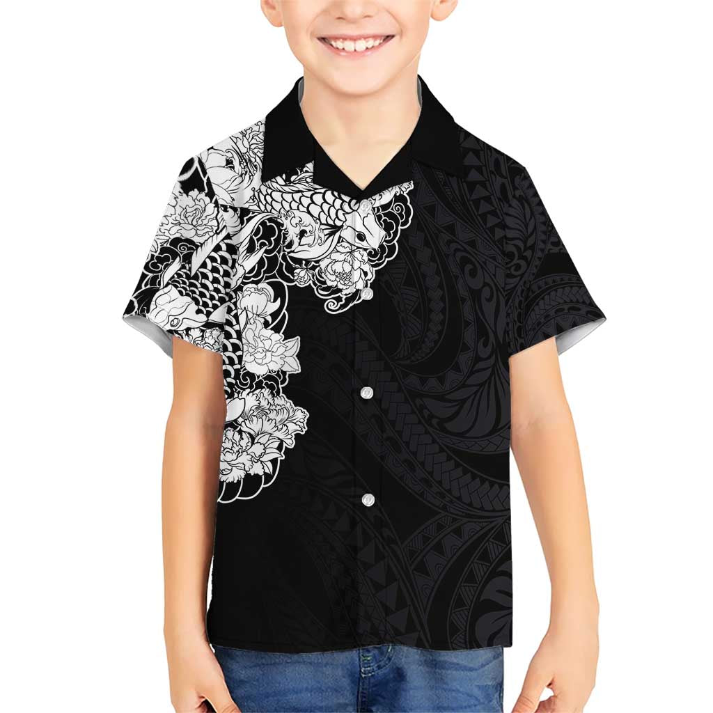 Hawaiian and Japanese Together Family Matching Short Sleeve Bodycon Dress and Hawaiian Shirt Japanese Koi Fish Tattoo and Kakau Pattern Black Color