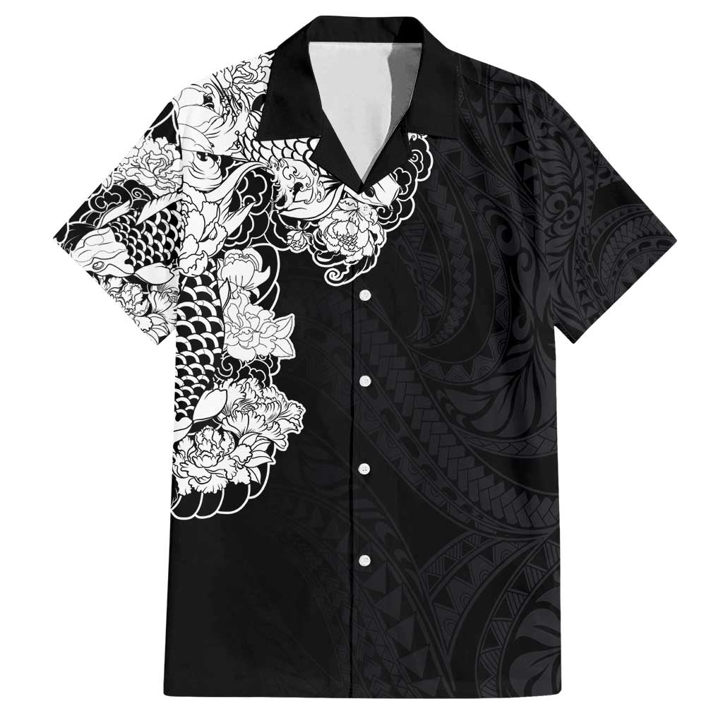 Hawaiian and Japanese Together Family Matching Tank Maxi Dress and Hawaiian Shirt Japanese Koi Fish Tattoo and Kakau Pattern Black Color