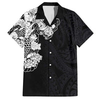 Hawaiian and Japanese Together Family Matching Tank Maxi Dress and Hawaiian Shirt Japanese Koi Fish Tattoo and Kakau Pattern Black Color