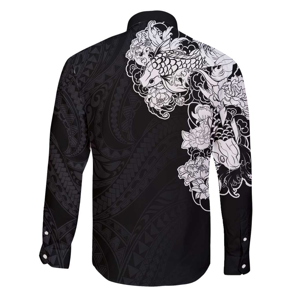 Hawaiian and Japanese Together Family Matching Tank Maxi Dress and Hawaiian Shirt Japanese Koi Fish Tattoo and Kakau Pattern Black Color