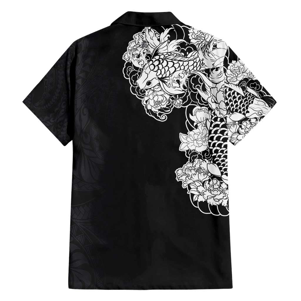 Hawaiian and Japanese Together Hawaiian Shirt Japanese Koi Fish Tattoo and Kakau Pattern Black Color