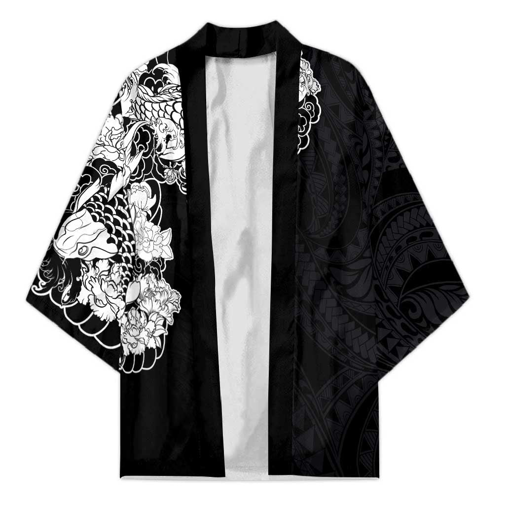 Hawaiian and Japanese Together Kimono Japanese Koi Fish Tattoo and Kakau Pattern Black Color - Polynesian Pride