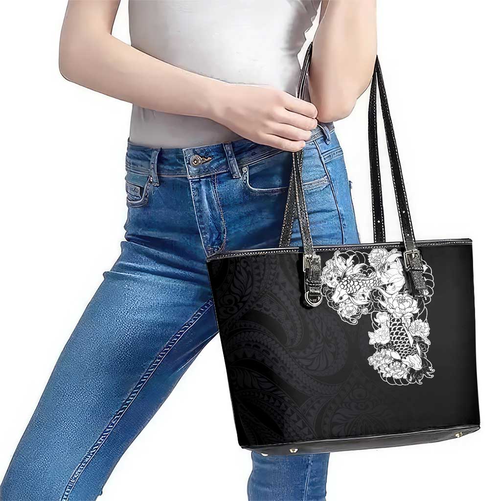 Hawaiian and Japanese Together Leather Tote Bag Japanese Koi Fish Tattoo and Kakau Pattern Black Color