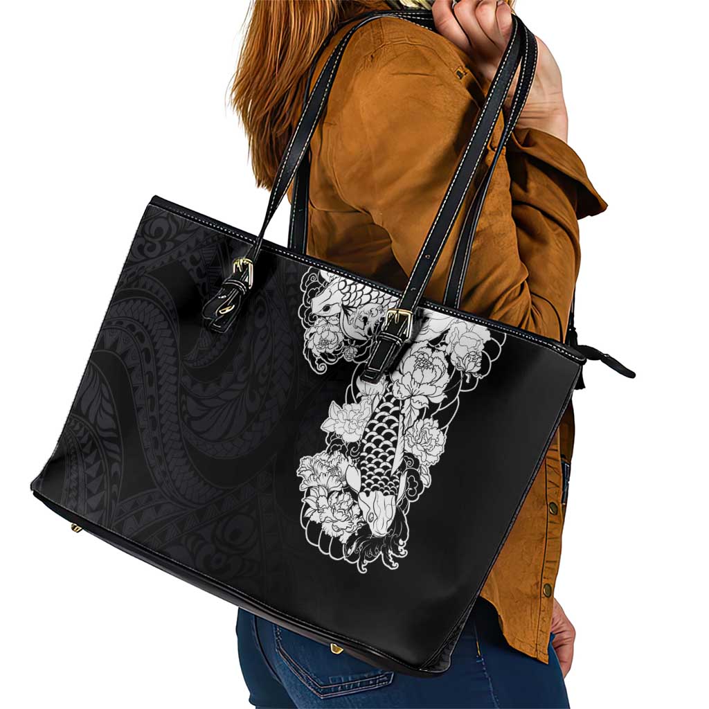 Hawaiian and Japanese Together Leather Tote Bag Japanese Koi Fish Tattoo and Kakau Pattern Black Color