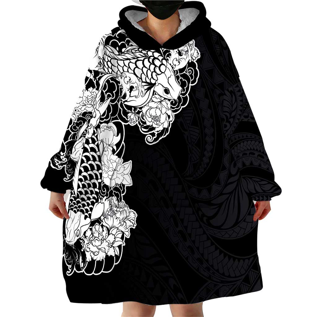 Hawaiian and Japanese Together Wearable Blanket Hoodie Japanese Koi Fish Tattoo and Kakau Pattern Black Color