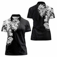 Hawaiian and Japanese Together Women Polo Shirt Japanese Koi Fish Tattoo and Kakau Pattern Black Color