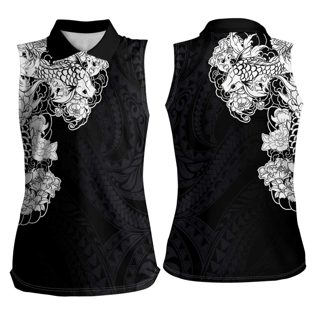 Hawaiian and Japanese Together Women Sleeveless Polo Shirt Japanese Koi Fish Tattoo and Kakau Pattern Black Color