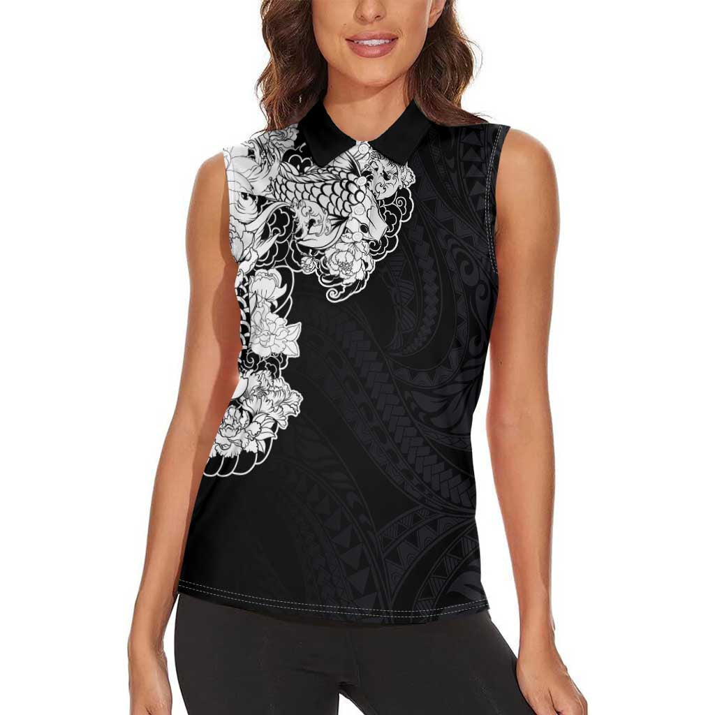 Hawaiian and Japanese Together Women Sleeveless Polo Shirt Japanese Koi Fish Tattoo and Kakau Pattern Black Color