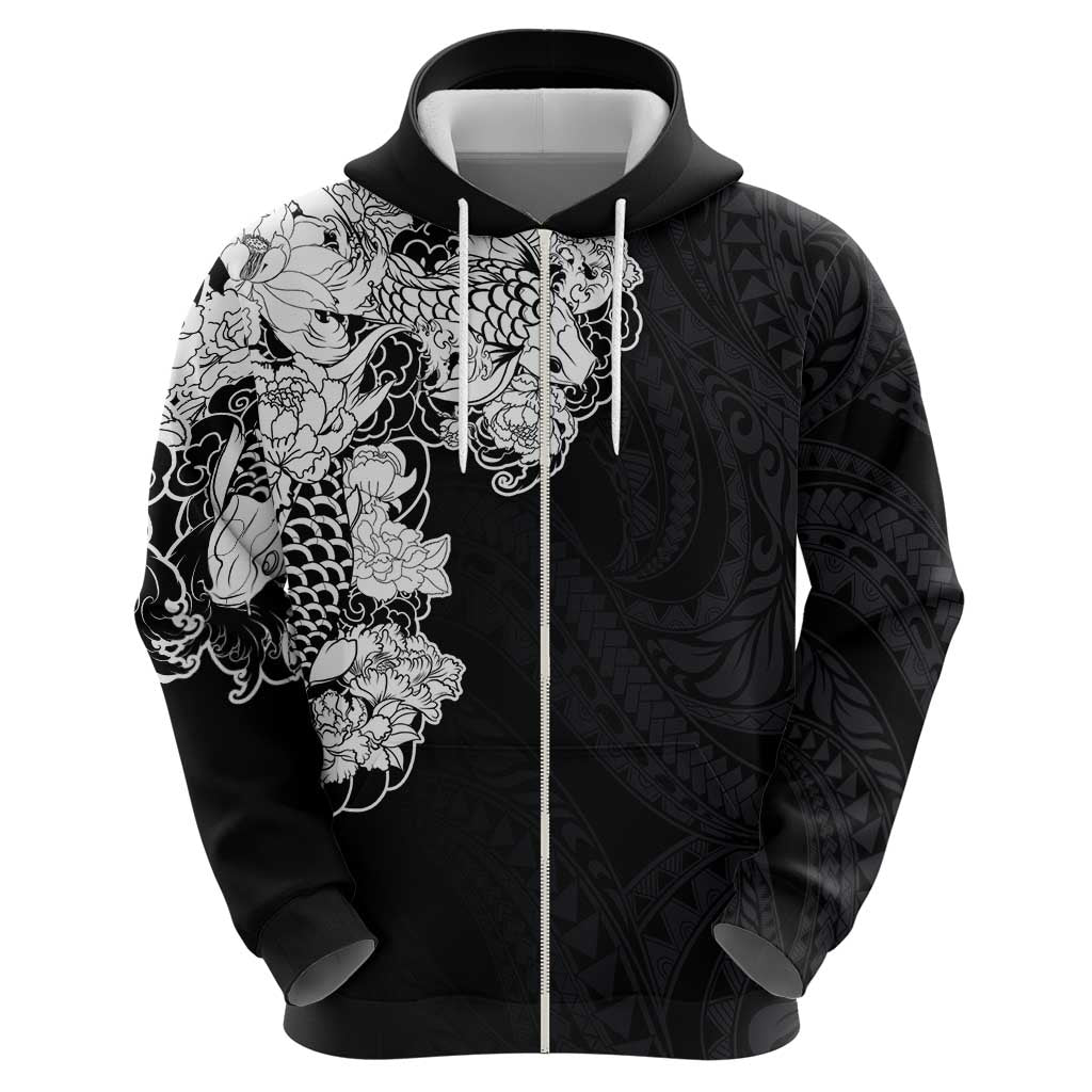 Hawaiian and Japanese Together Zip Hoodie Japanese Koi Fish Tattoo and Kakau Pattern Black Color