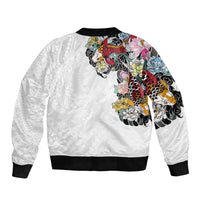 Hawaiian and Japanese Together Bomber Jacket Colorful Traditional Japanese Tattoo and Kakau Pattern White Color