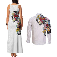 Hawaiian and Japanese Together Couples Matching Tank Maxi Dress and Long Sleeve Button Shirt Colorful Traditional Japanese Tattoo and Kakau Pattern White Color