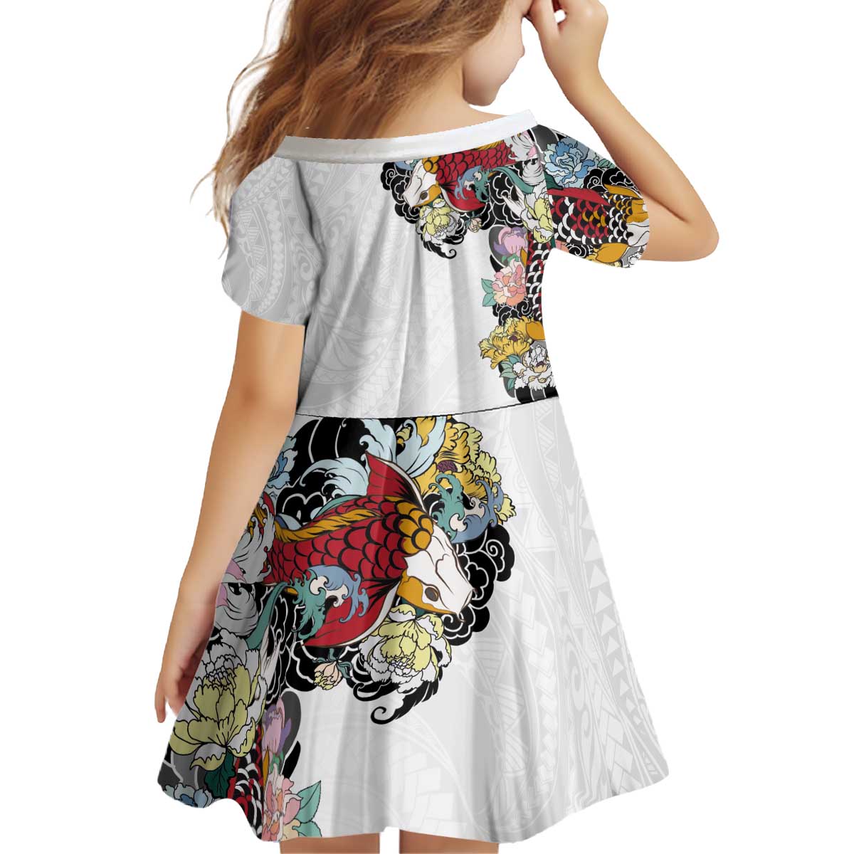 Hawaiian and Japanese Together Kid Short Sleeve Dress Colorful Traditional Japanese Tattoo and Kakau Pattern White Color