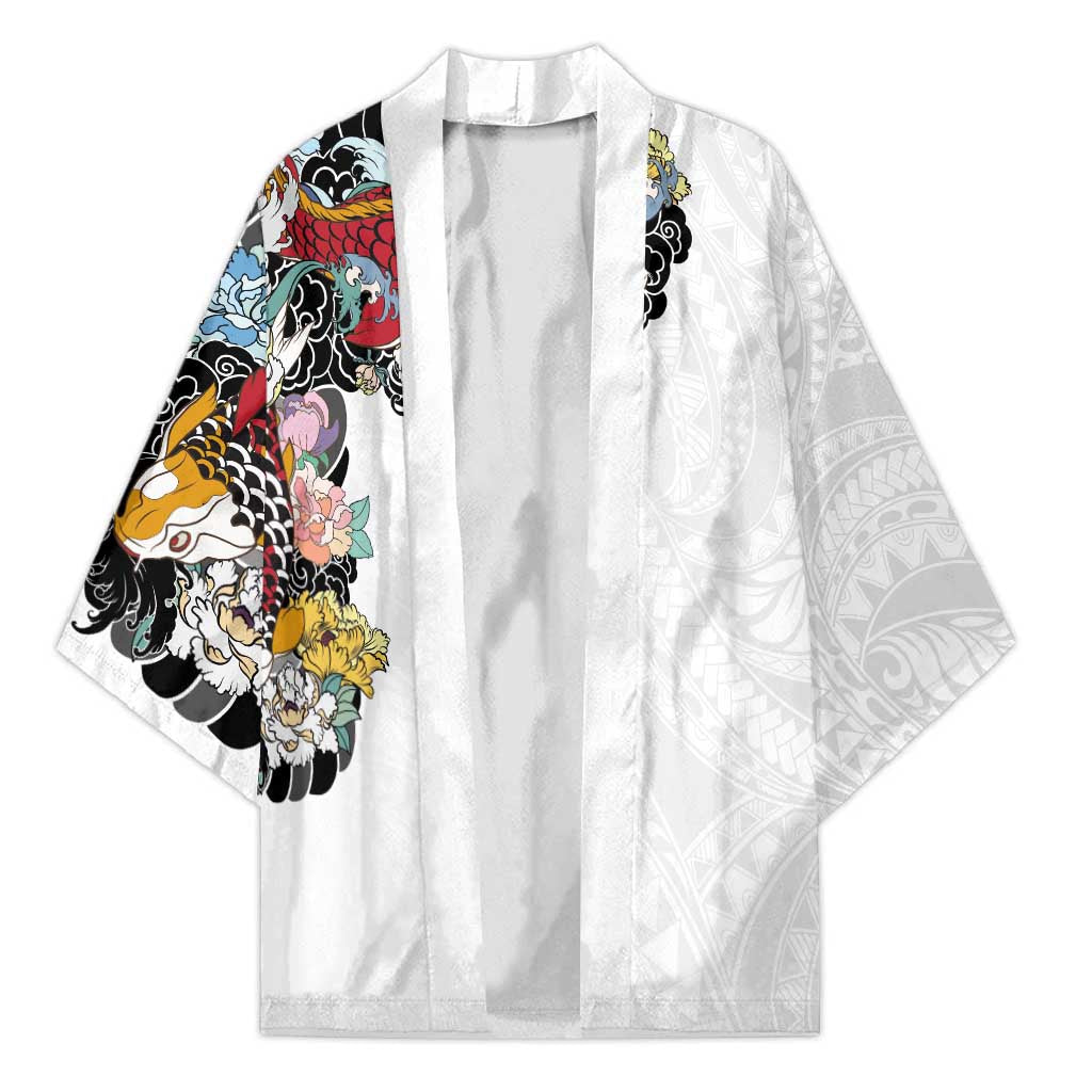 Hawaiian and Japanese Together Kimono Colorful Traditional Japanese Tattoo and Kakau Pattern White Color - Polynesian Pride