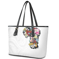 Hawaiian and Japanese Together Leather Tote Bag Colorful Traditional Japanese Tattoo and Kakau Pattern White Color
