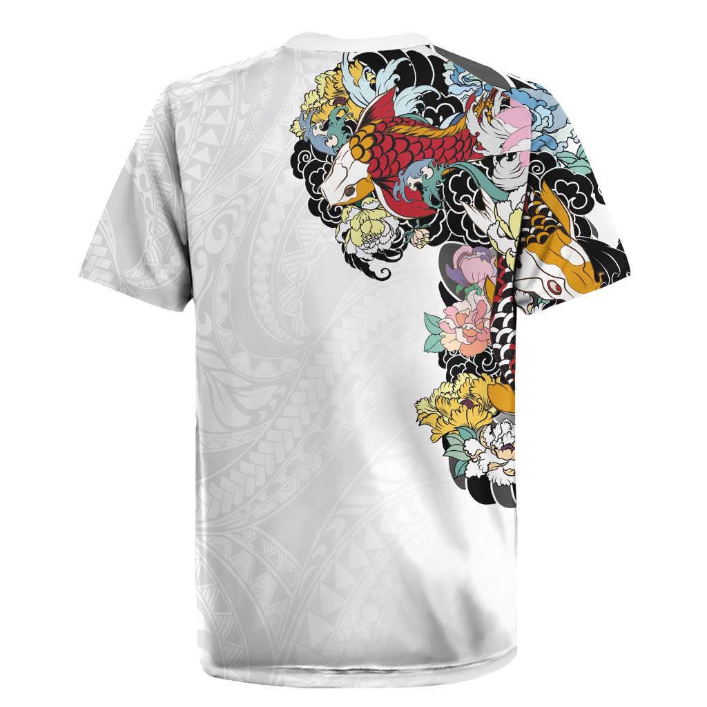 Hawaiian and Japanese Together Rugby Jersey Colorful Traditional Japanese Tattoo and Kakau Pattern White Color
