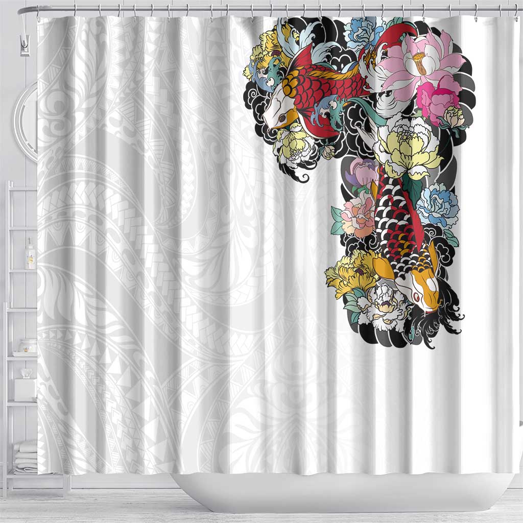 Hawaiian and Japanese Together Shower Curtain Colorful Traditional Japanese Tattoo and Kakau Pattern White Color