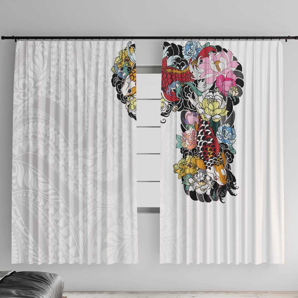 Hawaiian and Japanese Together Window Curtain Colorful Traditional Japanese Tattoo and Kakau Pattern White Color