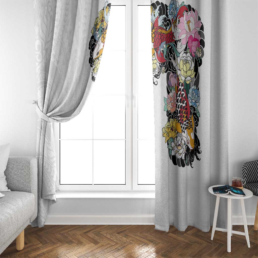 Hawaiian and Japanese Together Window Curtain Colorful Traditional Japanese Tattoo and Kakau Pattern White Color