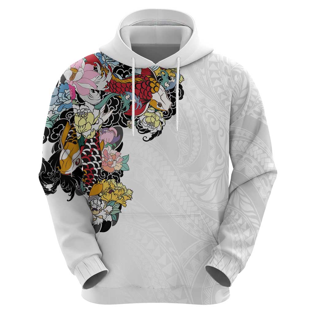 Hawaiian and Japanese Together Zip Hoodie Colorful Traditional Japanese Tattoo and Kakau Pattern White Color