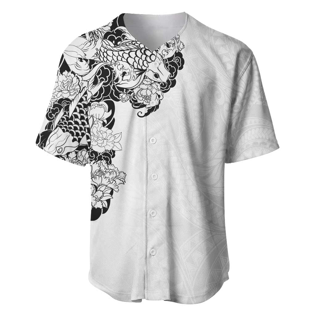 Hawaiian and Japanese Together Baseball Jersey Japanese Koi Fish Tattoo and Kakau Pattern White Color LT03 White - Polynesian Pride