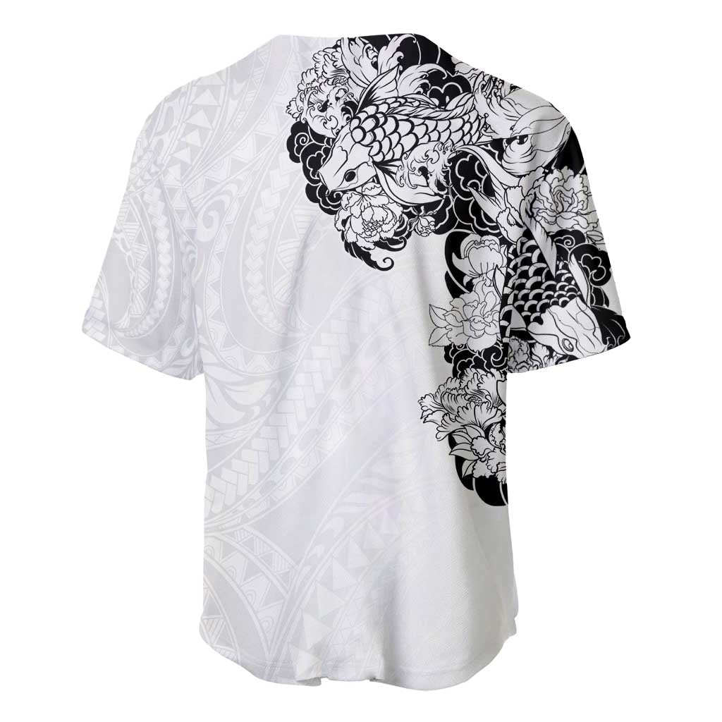 Hawaiian and Japanese Together Baseball Jersey Japanese Koi Fish Tattoo and Kakau Pattern White Color LT03 - Polynesian Pride