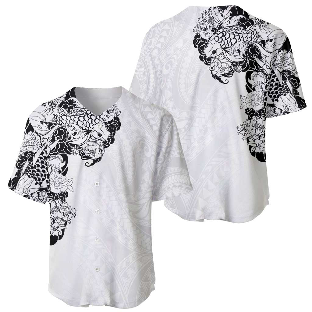 Hawaiian and Japanese Together Baseball Jersey Japanese Koi Fish Tattoo and Kakau Pattern White Color LT03 - Polynesian Pride