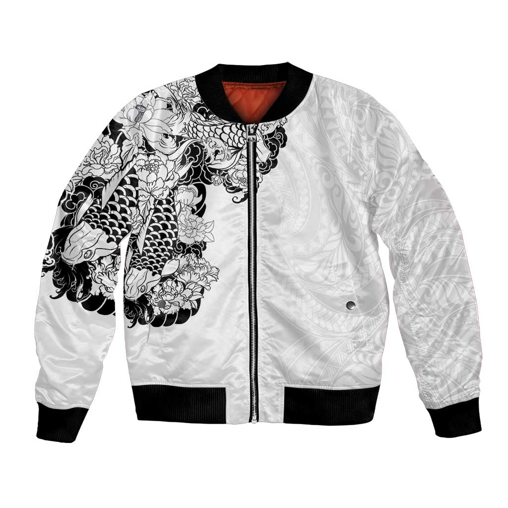 Hawaiian and Japanese Together Bomber Jacket Japanese Koi Fish Tattoo and Kakau Pattern White Color