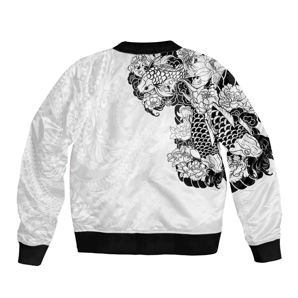 Hawaiian and Japanese Together Bomber Jacket Japanese Koi Fish Tattoo and Kakau Pattern White Color