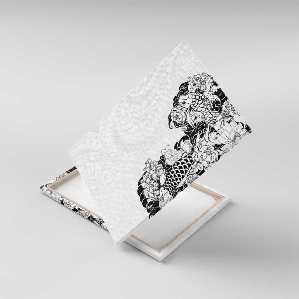 Hawaiian and Japanese Together Canvas Wall Art Japanese Koi Fish Tattoo and Kakau Pattern White Color