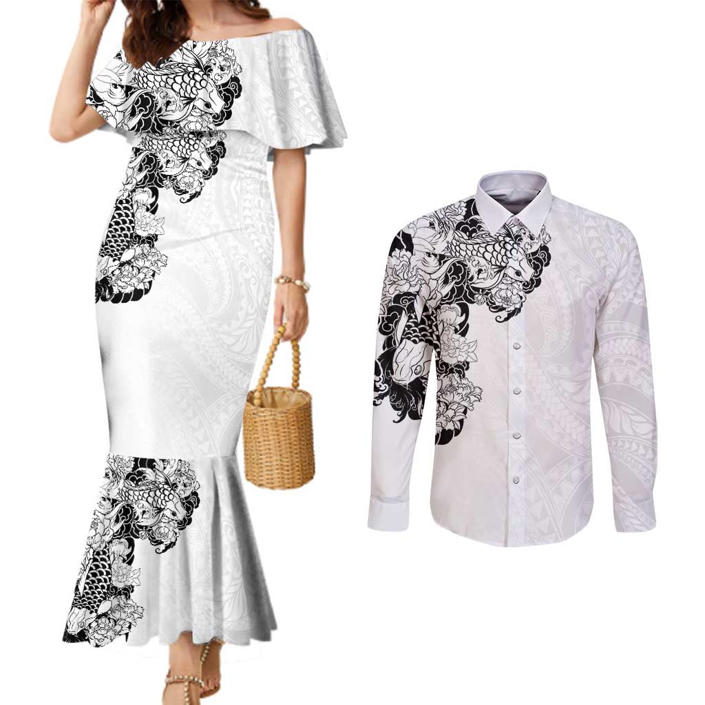 Hawaiian and Japanese Together Couples Matching Mermaid Dress and Long Sleeve Button Shirt Japanese Koi Fish Tattoo and Kakau Pattern White Color
