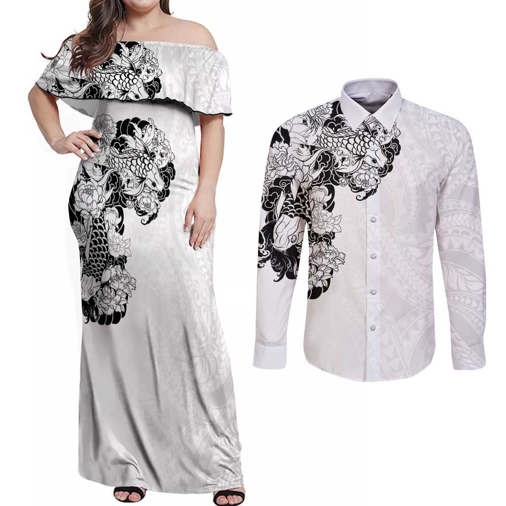Hawaiian and Japanese Together Couples Matching Off Shoulder Maxi Dress and Long Sleeve Button Shirt Japanese Koi Fish Tattoo and Kakau Pattern White Color