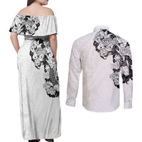 Hawaiian and Japanese Together Couples Matching Off Shoulder Maxi Dress and Long Sleeve Button Shirt Japanese Koi Fish Tattoo and Kakau Pattern White Color