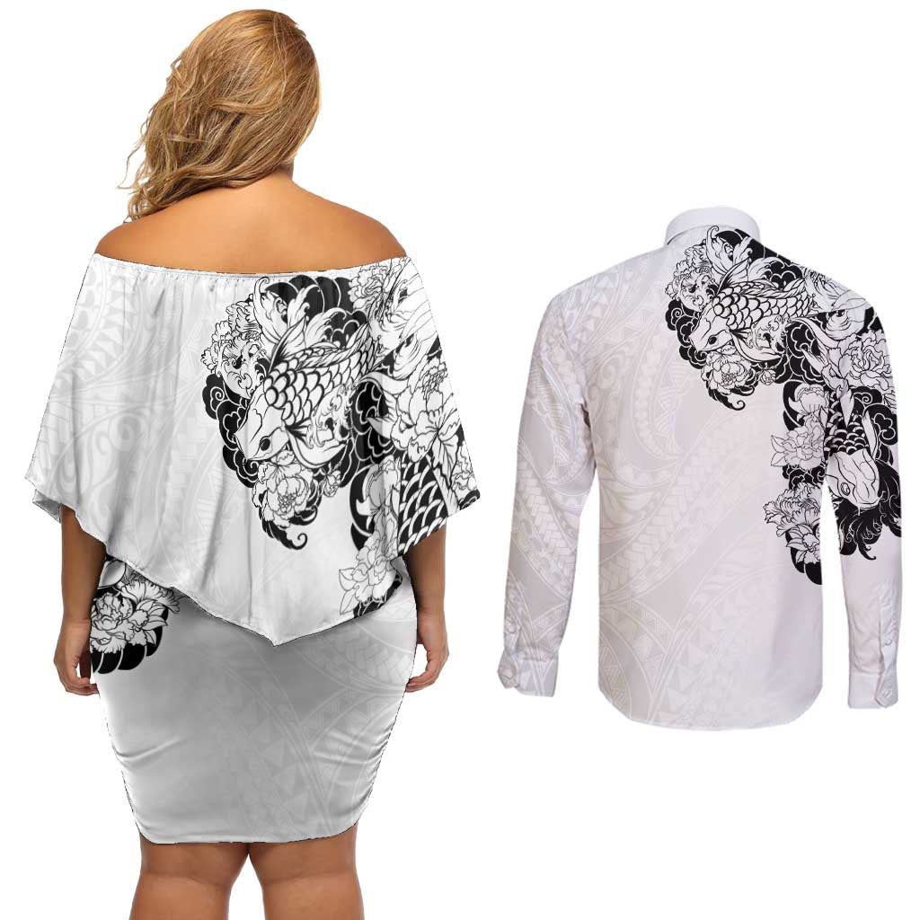 Hawaiian and Japanese Together Couples Matching Off Shoulder Short Dress and Long Sleeve Button Shirt Japanese Koi Fish Tattoo and Kakau Pattern White Color