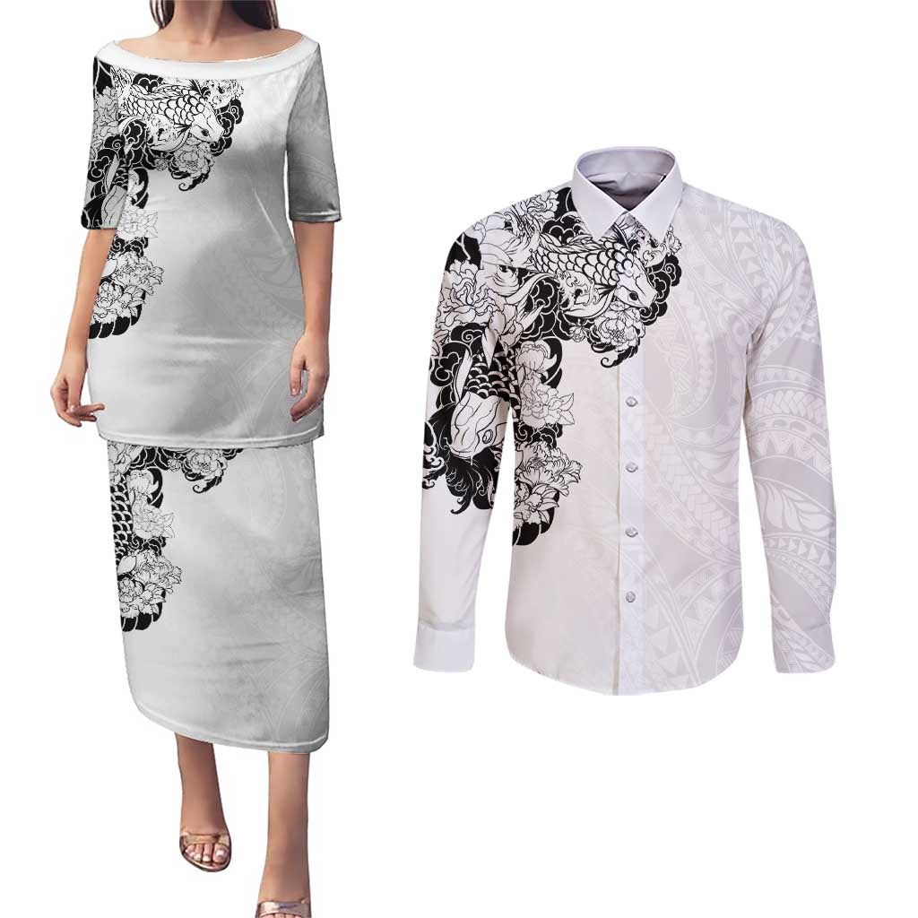 Hawaiian and Japanese Together Couples Matching Puletasi and Long Sleeve Button Shirt Japanese Koi Fish Tattoo and Kakau Pattern White Color