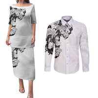 Hawaiian and Japanese Together Couples Matching Puletasi and Long Sleeve Button Shirt Japanese Koi Fish Tattoo and Kakau Pattern White Color