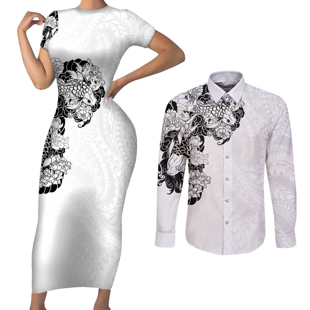 Hawaiian and Japanese Together Couples Matching Short Sleeve Bodycon Dress and Long Sleeve Button Shirt Japanese Koi Fish Tattoo and Kakau Pattern White Color