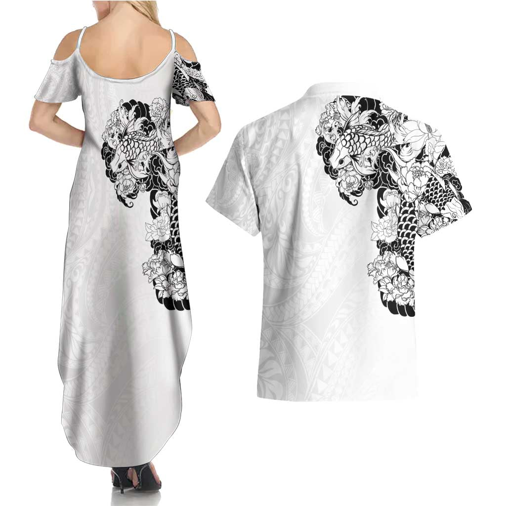 Hawaiian and Japanese Together Couples Matching Summer Maxi Dress and Hawaiian Shirt Japanese Koi Fish Tattoo and Kakau Pattern White Color