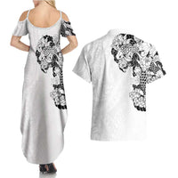Hawaiian and Japanese Together Couples Matching Summer Maxi Dress and Hawaiian Shirt Japanese Koi Fish Tattoo and Kakau Pattern White Color