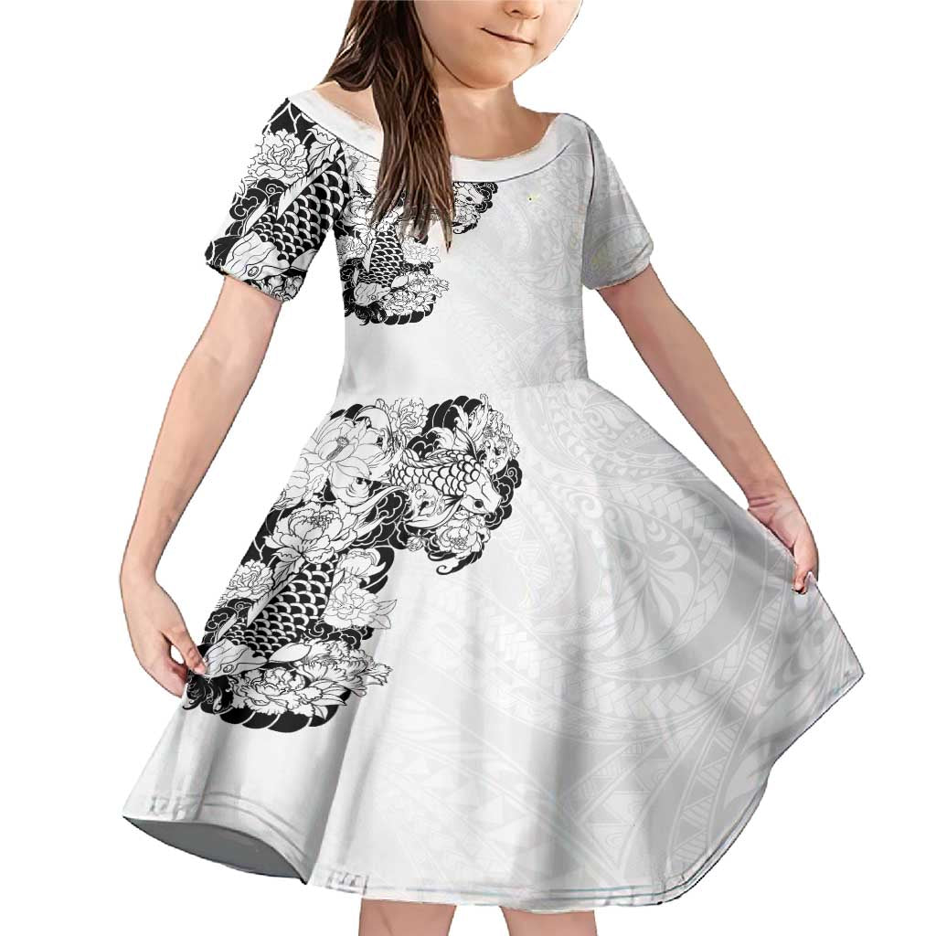 Hawaiian and Japanese Together Family Matching Mermaid Dress and Hawaiian Shirt Japanese Koi Fish Tattoo and Kakau Pattern White Color