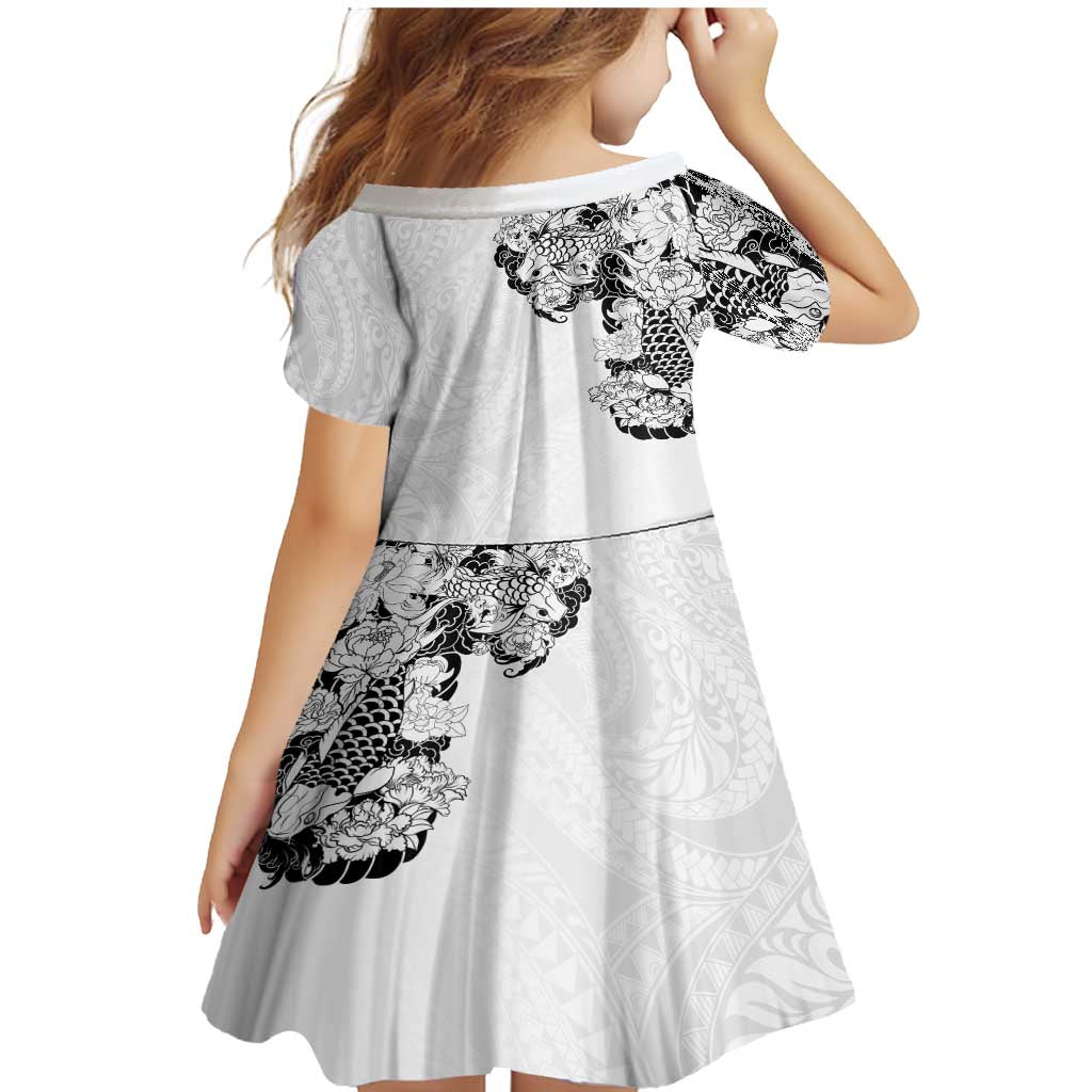 Hawaiian and Japanese Together Family Matching Mermaid Dress and Hawaiian Shirt Japanese Koi Fish Tattoo and Kakau Pattern White Color