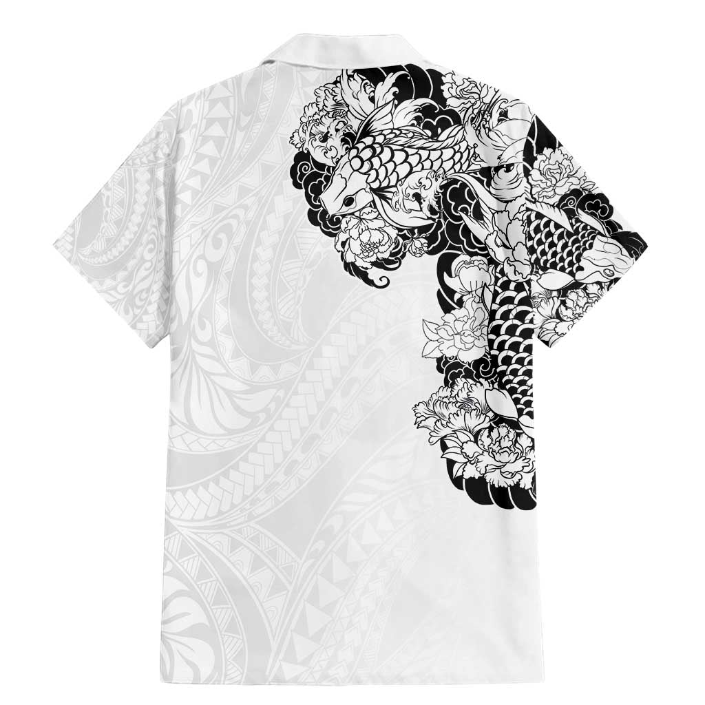 Hawaiian and Japanese Together Family Matching Mermaid Dress and Hawaiian Shirt Japanese Koi Fish Tattoo and Kakau Pattern White Color