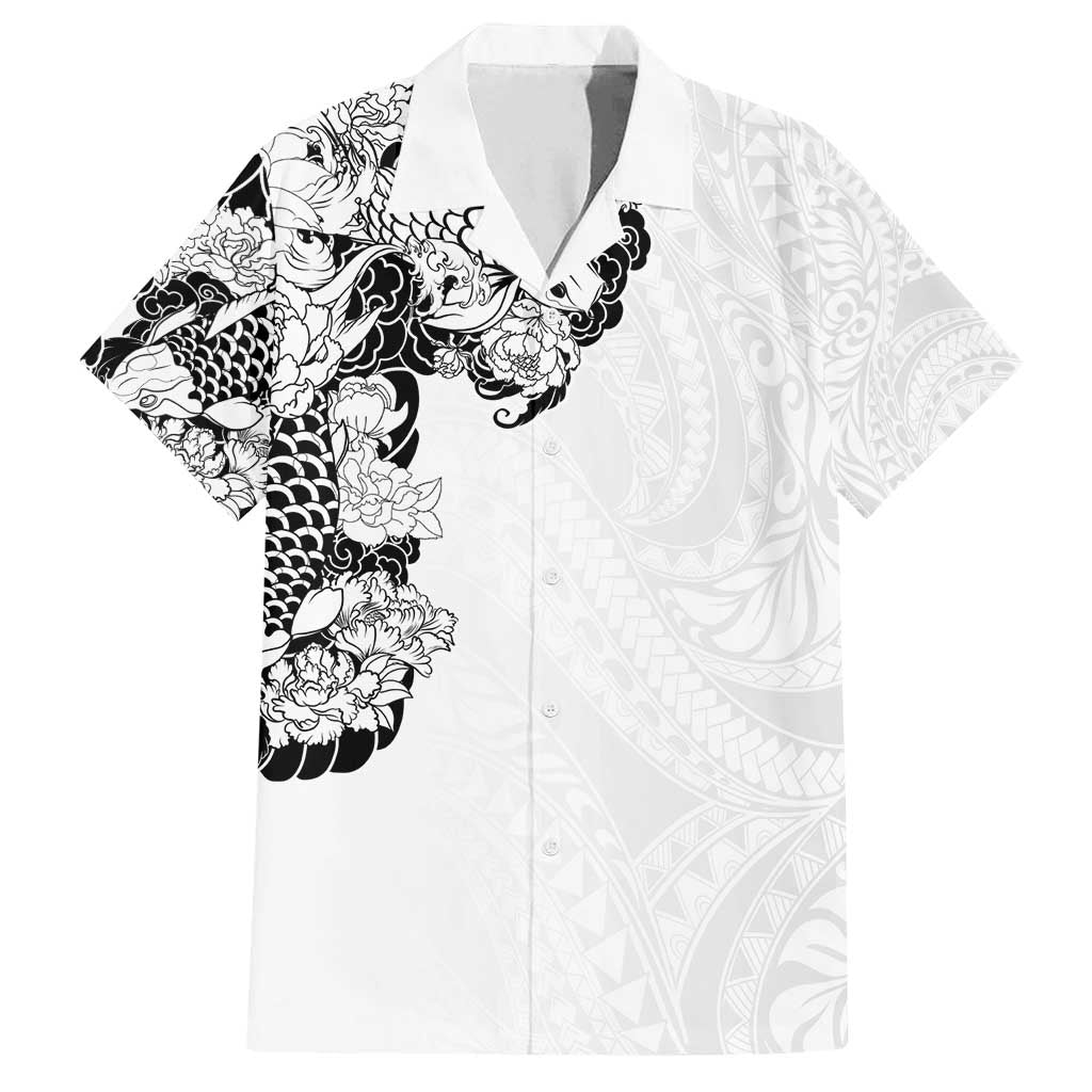 Hawaiian and Japanese Together Family Matching Tank Maxi Dress and Hawaiian Shirt Japanese Koi Fish Tattoo and Kakau Pattern White Color