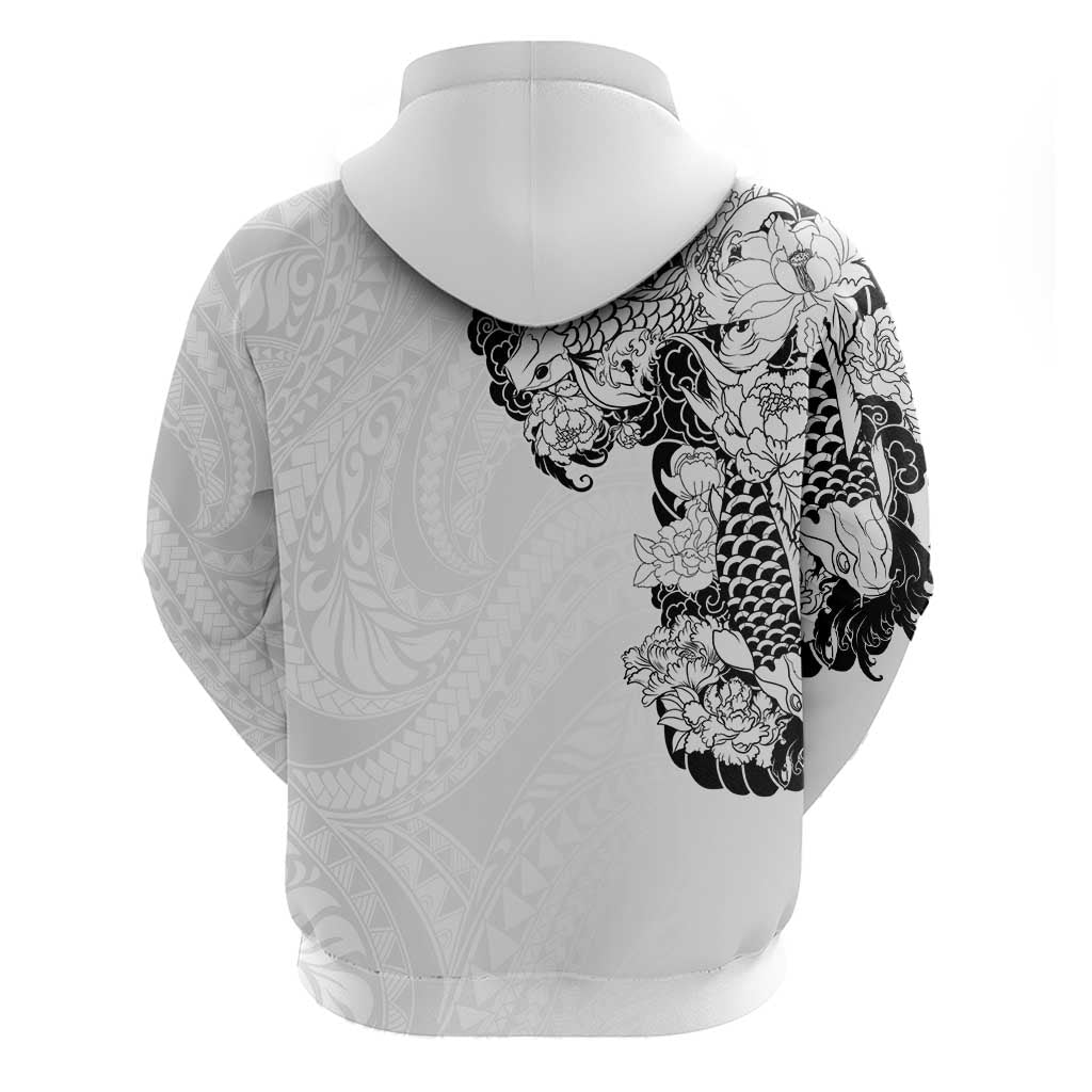 Hawaiian and Japanese Together Hoodie Japanese Koi Fish Tattoo and Kakau Pattern White Color