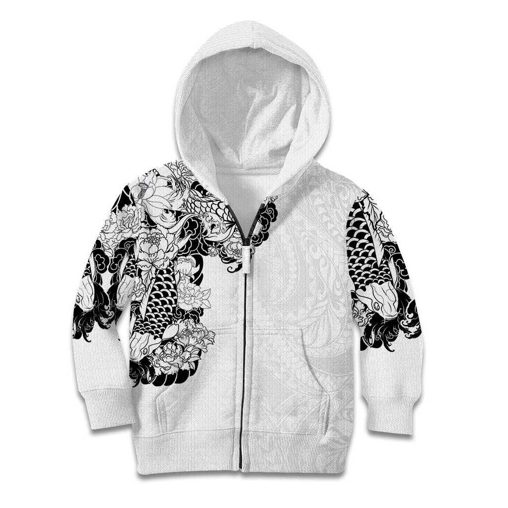 Hawaiian and Japanese Together Kid Hoodie Japanese Koi Fish Tattoo and Kakau Pattern White Color