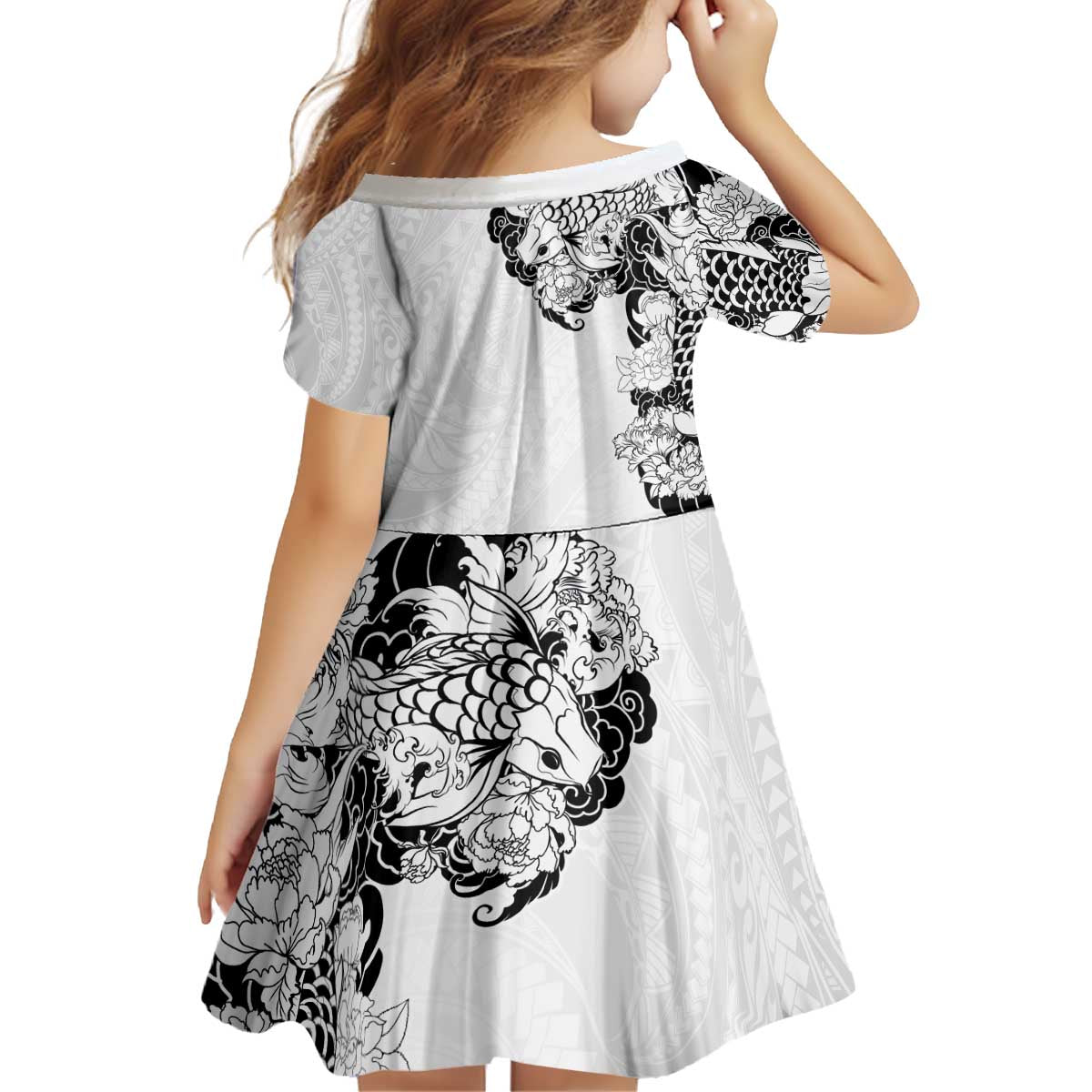 Hawaiian and Japanese Together Kid Short Sleeve Dress Japanese Koi Fish Tattoo and Kakau Pattern White Color