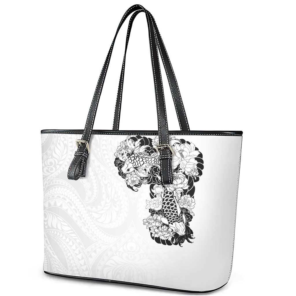 Hawaiian and Japanese Together Leather Tote Bag Japanese Koi Fish Tattoo and Kakau Pattern White Color