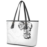 Hawaiian and Japanese Together Leather Tote Bag Japanese Koi Fish Tattoo and Kakau Pattern White Color