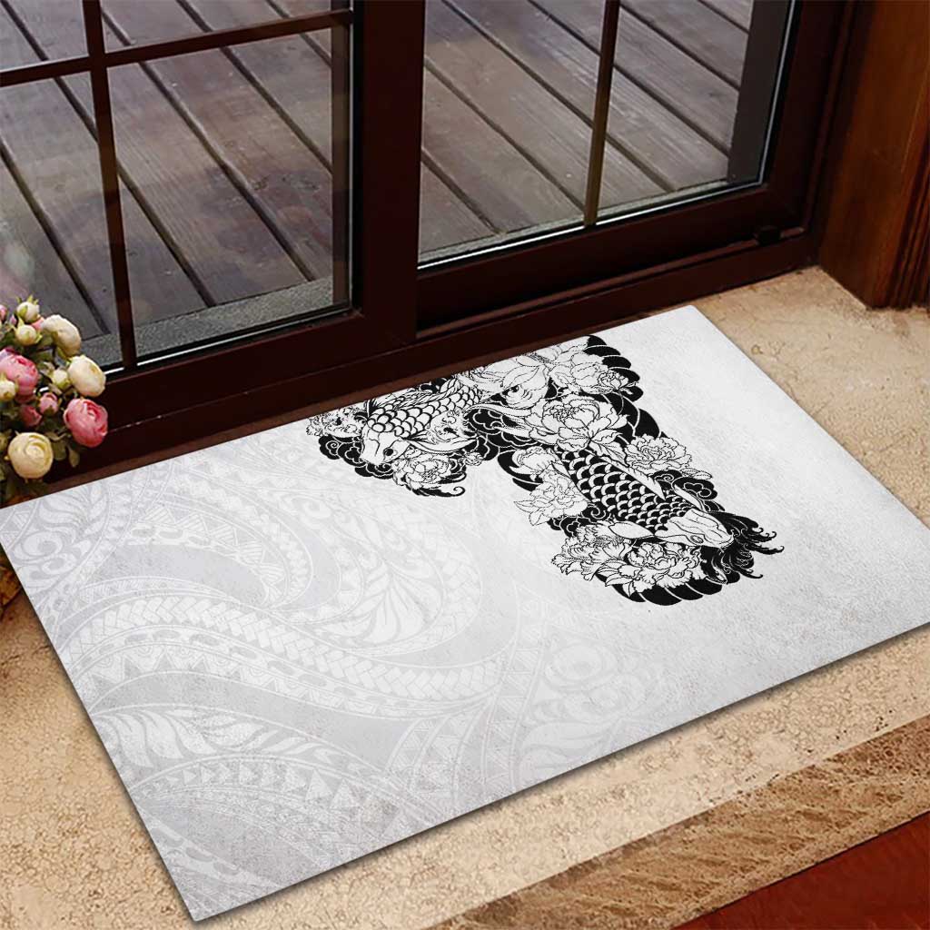Hawaiian and Japanese Together Rubber Doormat Japanese Koi Fish Tattoo and Kakau Pattern White Color LT03 - Polynesian Pride
