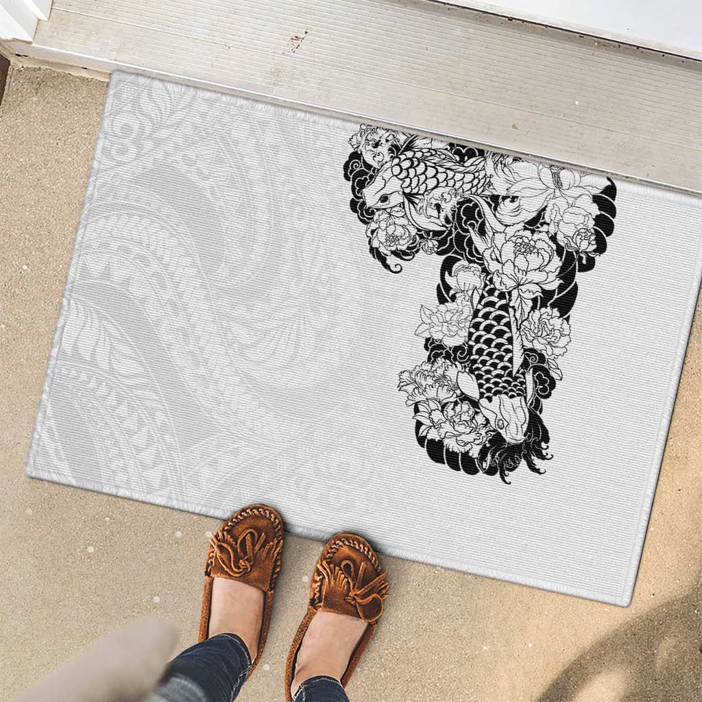 Hawaiian and Japanese Together Rubber Doormat Japanese Koi Fish Tattoo and Kakau Pattern White Color LT03 - Polynesian Pride